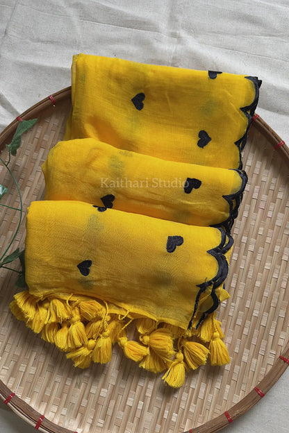 Heart Embroidery Mul Cotton Sarees – Yellow - KS115
