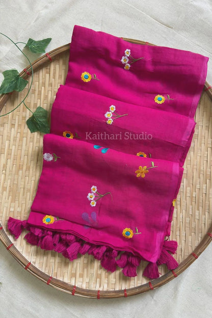 Multicolor Embroidery Mul Cotton Saree – Pink - KS093