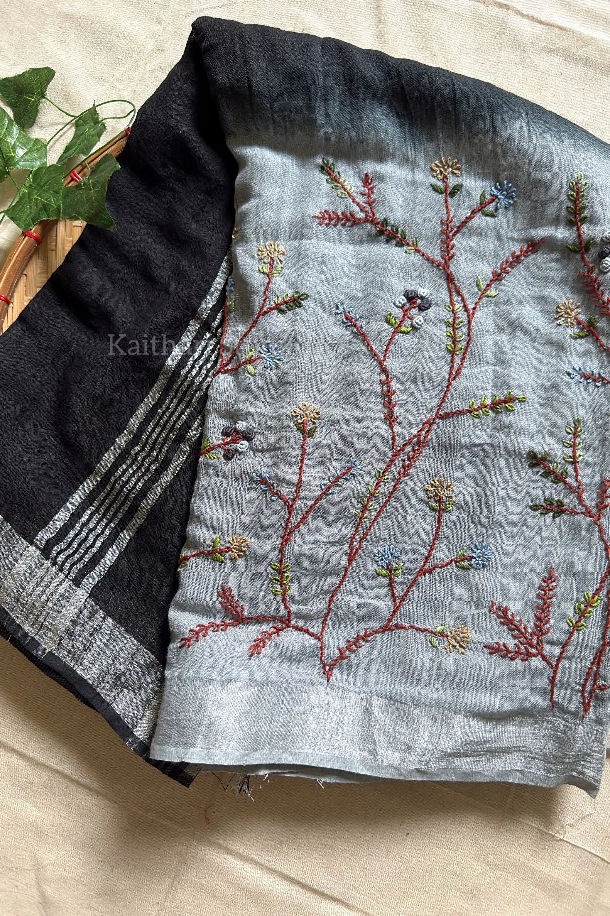 Hand Embroidered Linen Cotton Saree- Black - KS083