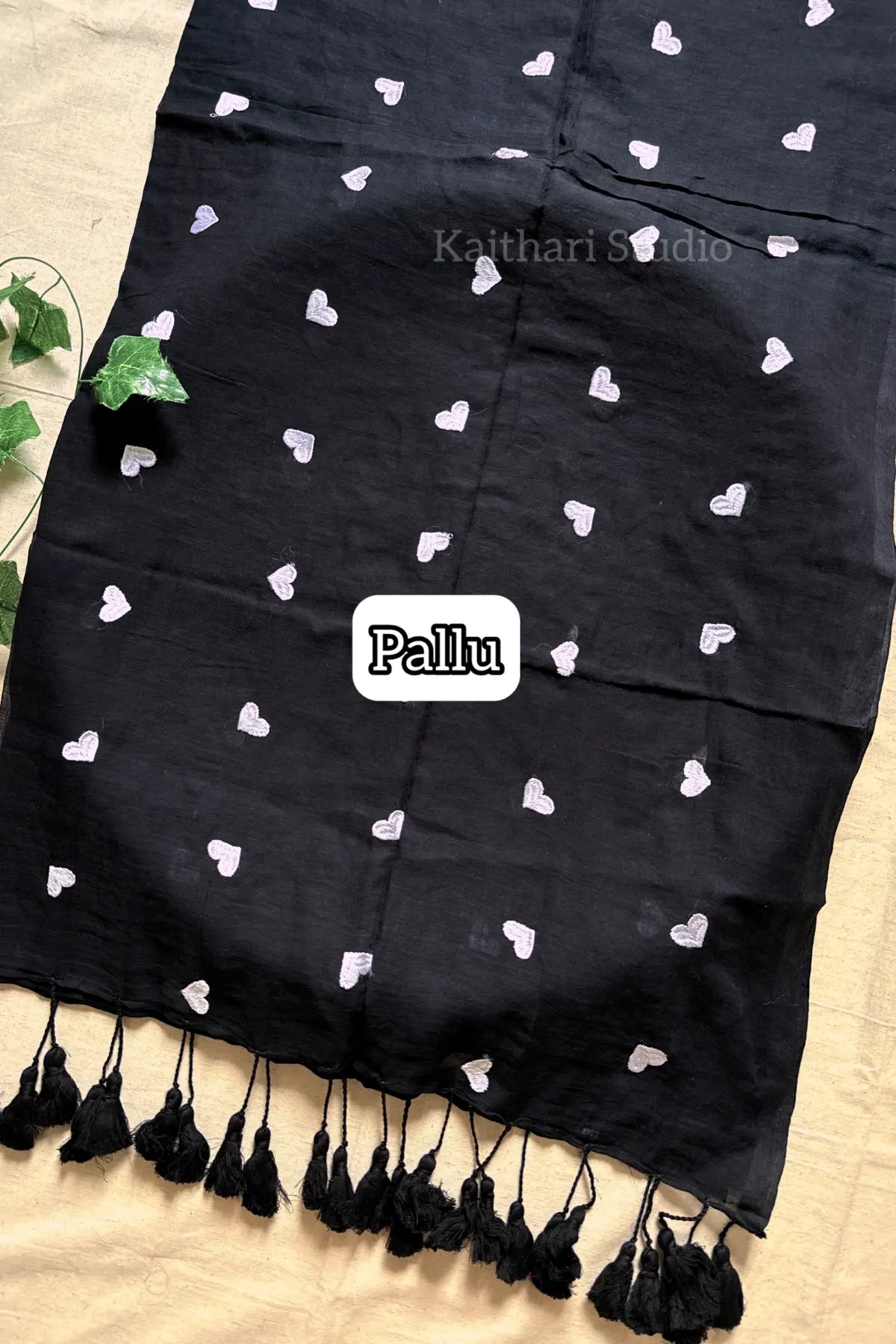 Heart Embroidery Mul Cotton Sarees - Black- KS045