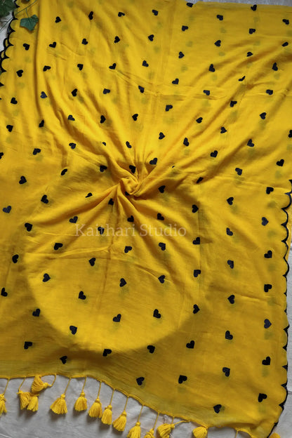Heart Embroidery Mul Cotton Sarees – Yellow - KS115