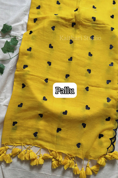 Heart Embroidery Mul Cotton Sarees – Yellow - KS115