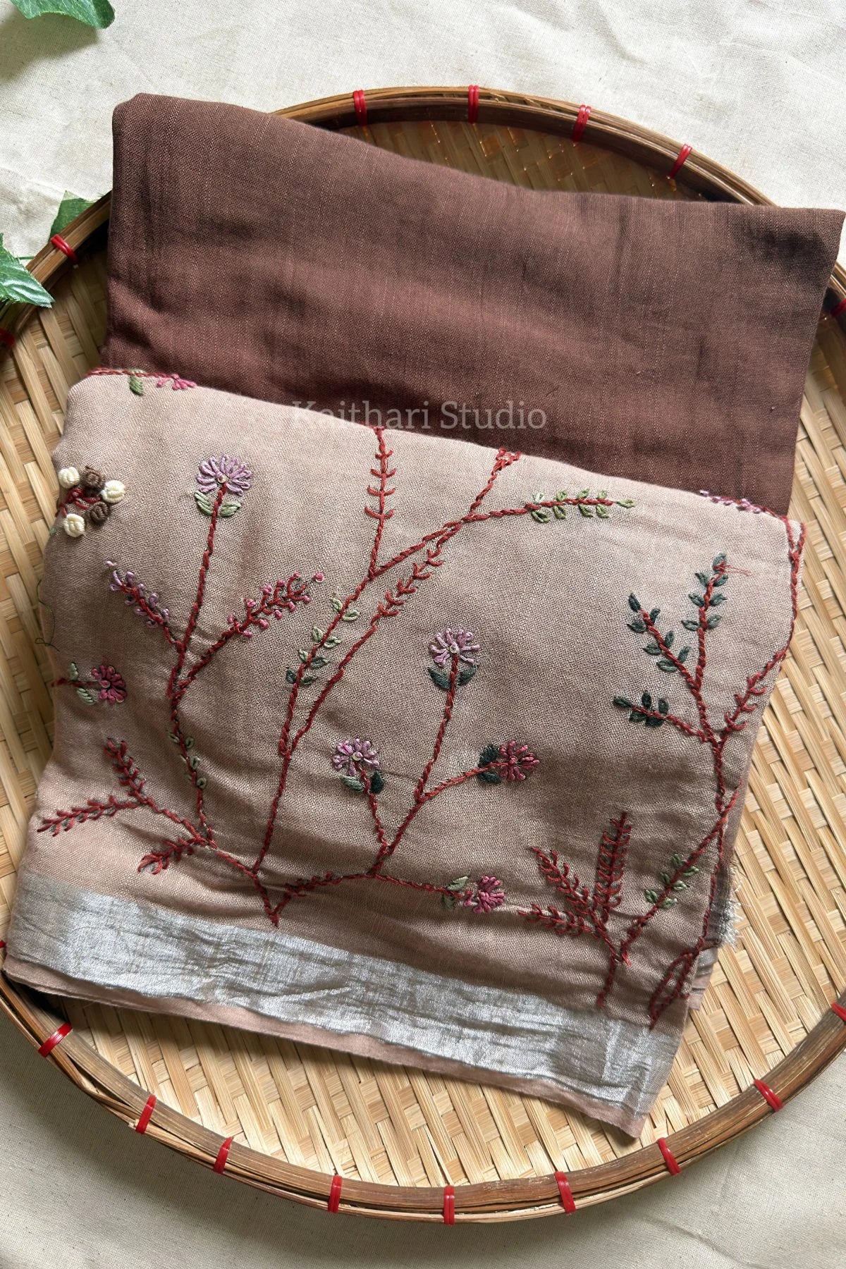 Hand Embroidered Linen Cotton Saree- Chocolate- KS084