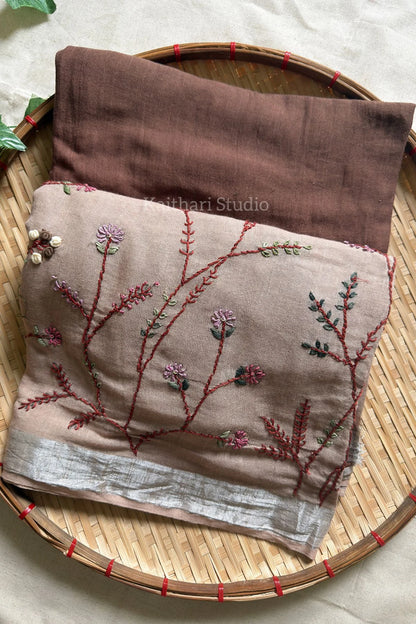 Hand Embroidered Linen Cotton Saree- Chocolate- KS084