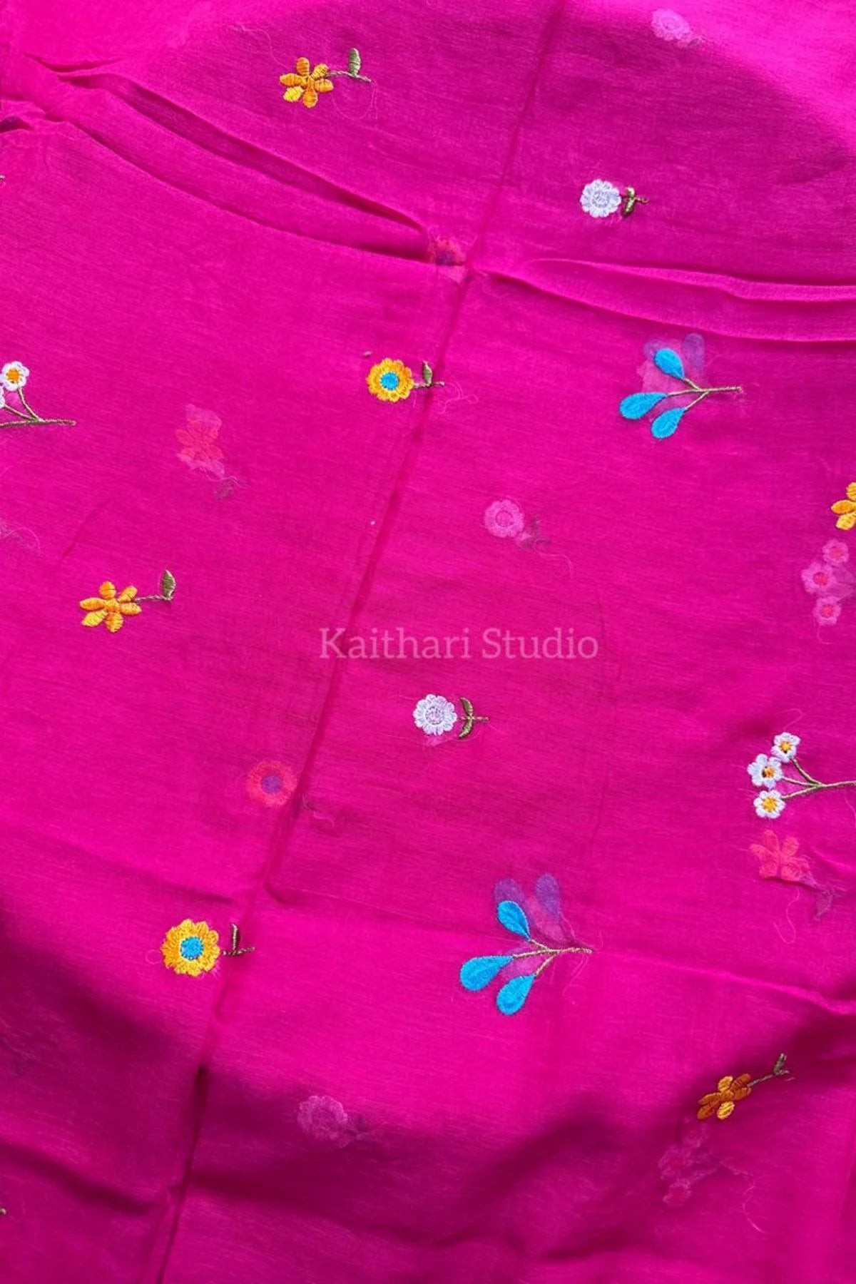 Multicolor Embroidery Mul Cotton Saree – Pink - KS093