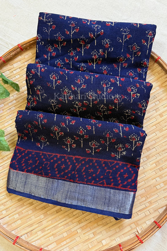 Handblock Printed Linen Cotton - Deep Blue KS119