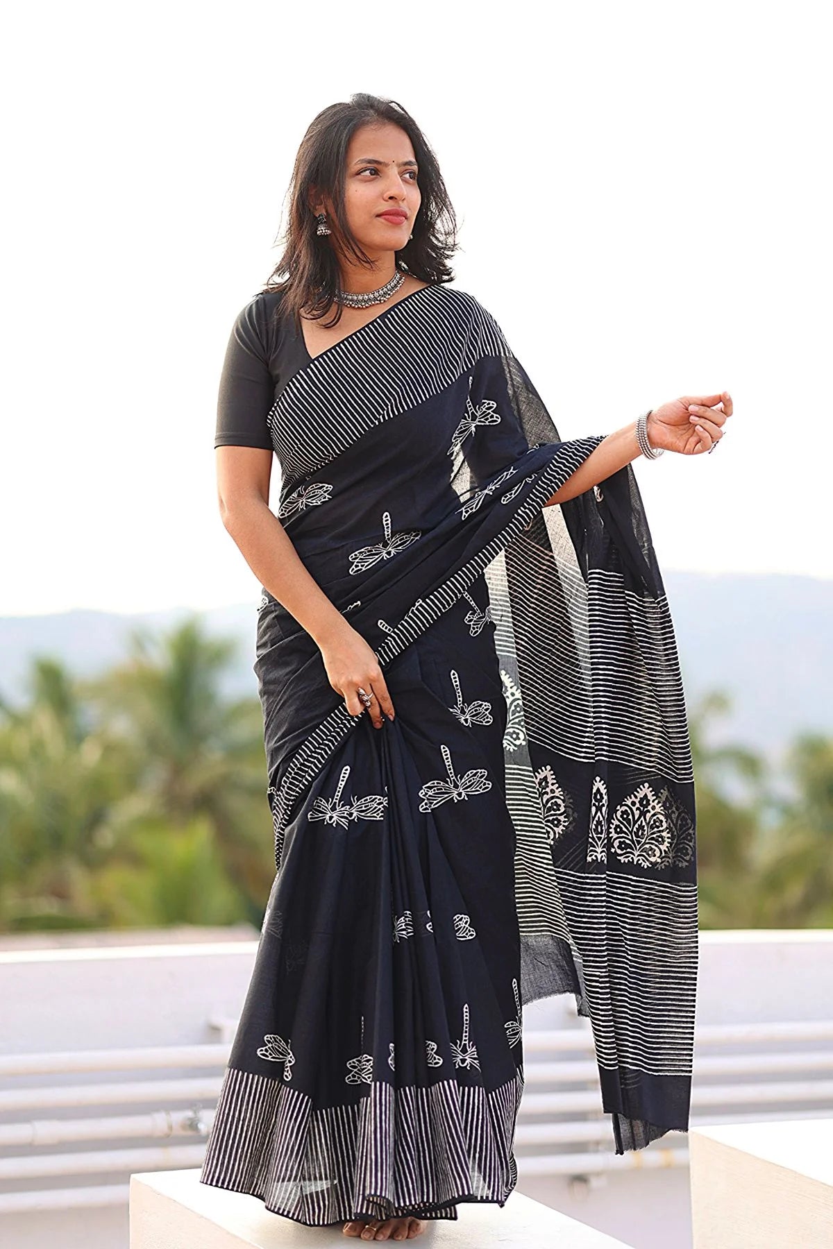 Handblock Printed Mul Mul Cotton – Black – KS090