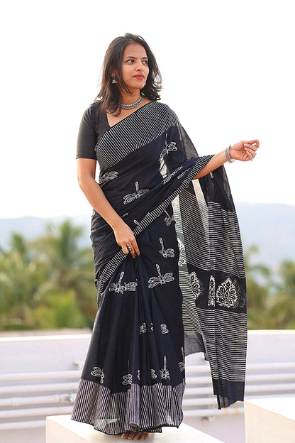 Handblock Printed Mul Mul Cotton – Black – KS090