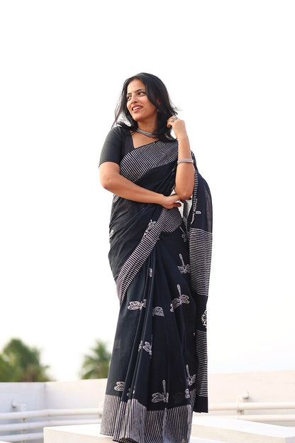 Handblock Printed Mul Mul Cotton – Black – KS090
