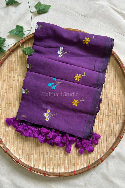 Multicolor Embroidery Mul Cotton Saree – Violet - KS091