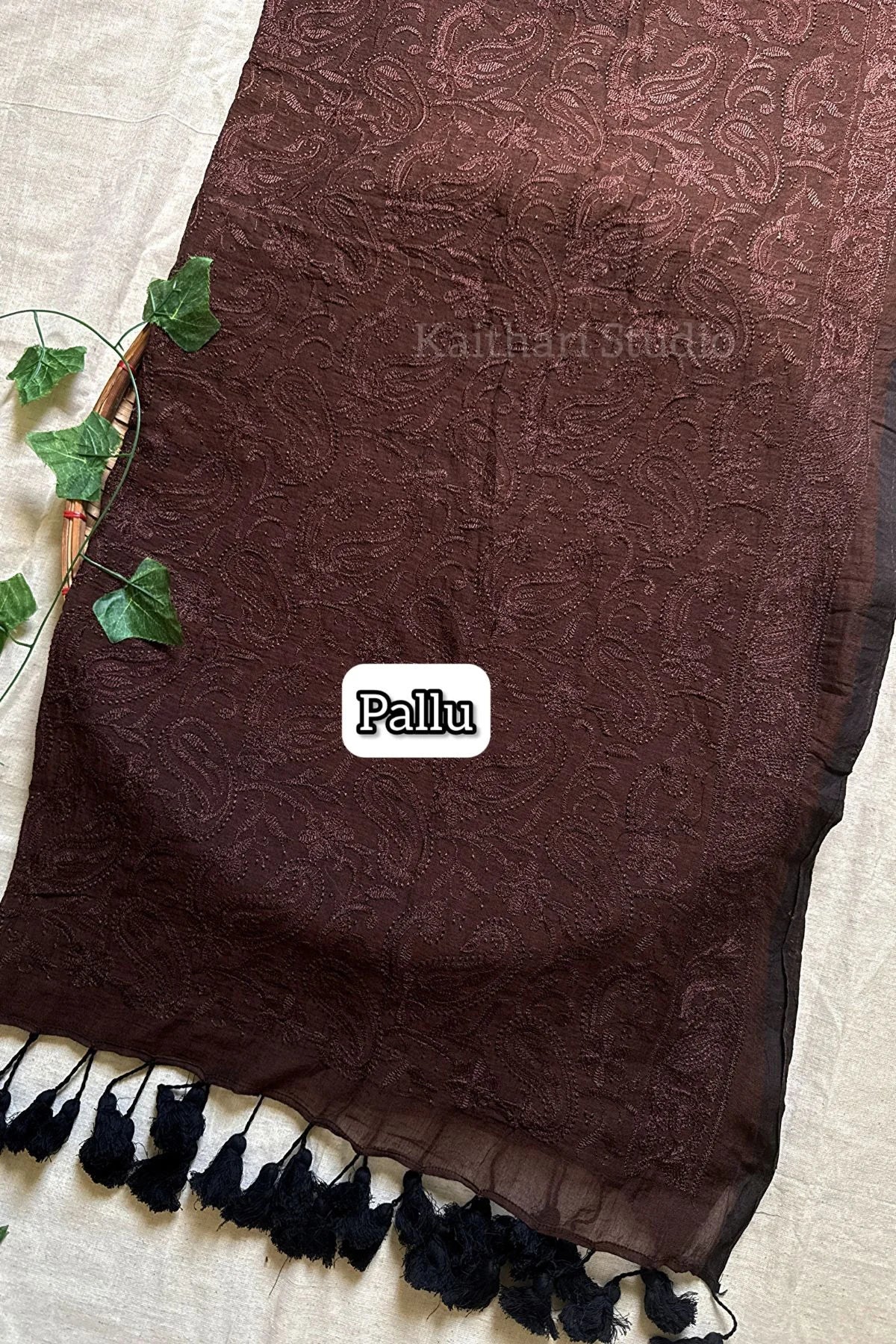Chikankari Embroidery Mul Cotton Saree - Brown - KS098