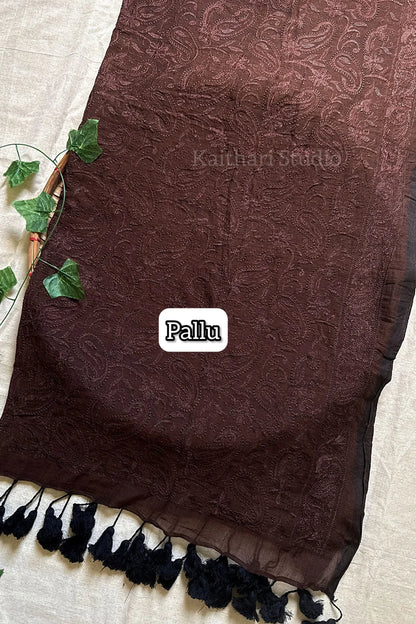 Chikankari Embroidery Mul Cotton Saree - Brown - KS098