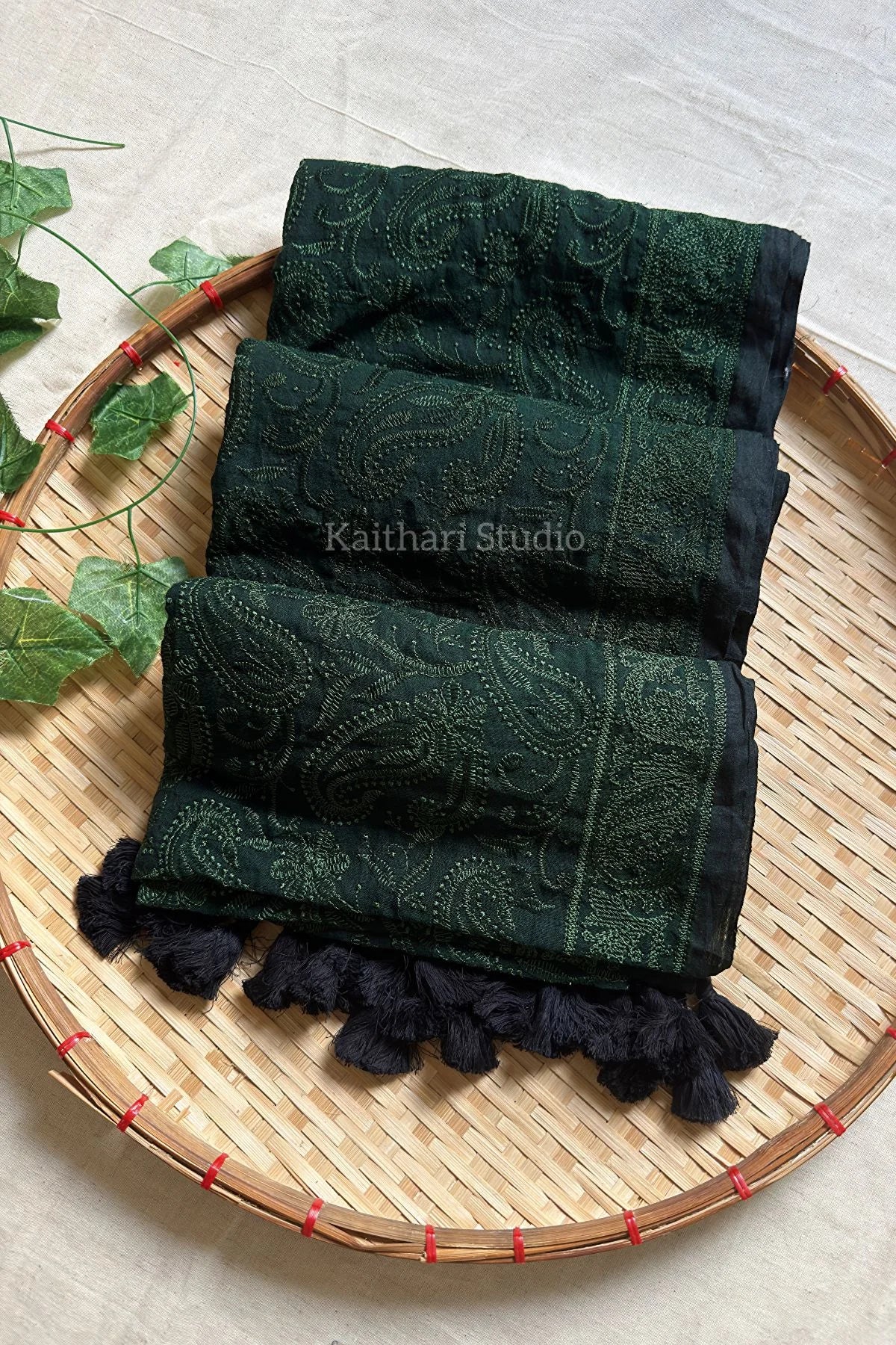 Chikankari Embroidery Mul Cotton Saree - Dark Green - KS099