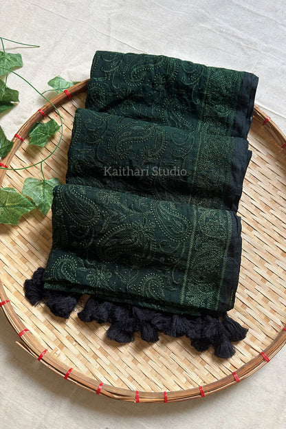 Chikankari Embroidery Mul Cotton Saree - Dark Green - KS099