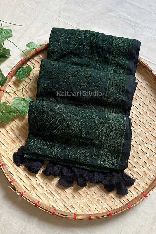Chikankari Embroidery Mul Cotton Saree - Dark Green - KS099