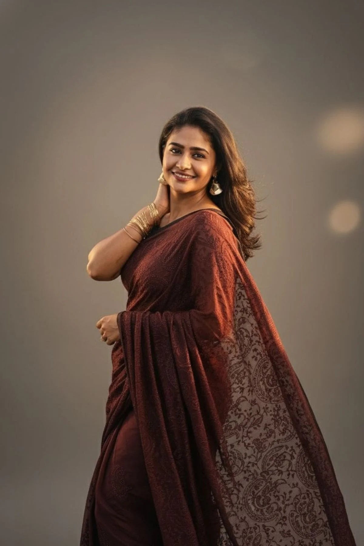 Chikankari Embroidery Mul Cotton Saree - Brown - KS098