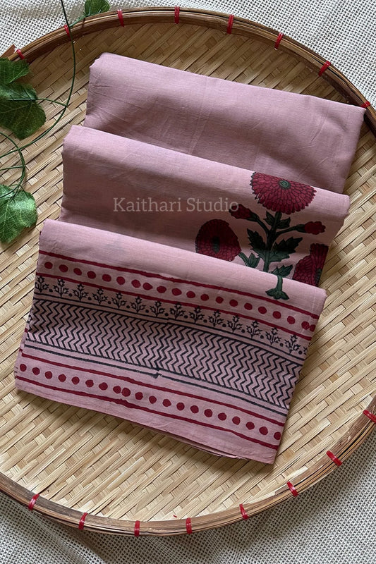 Handblock Printed Mul Mul Cotton - Peach - KS002