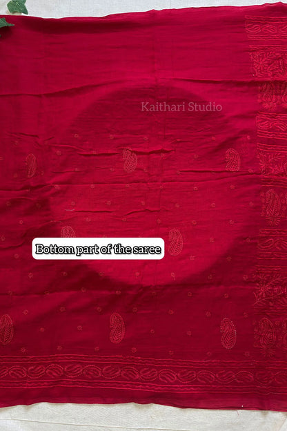 Chikankari Embroidery Mul Cotton Saree - Red -KS097