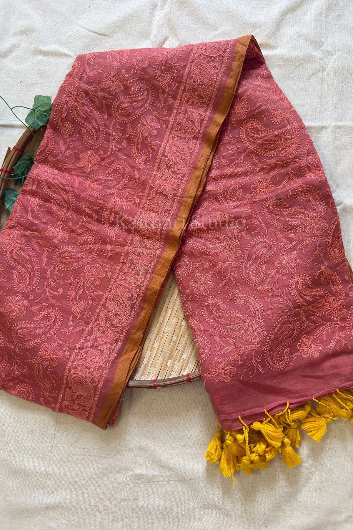 Chikankari Embroidery Mul Cotton Saree - Peach - KS101