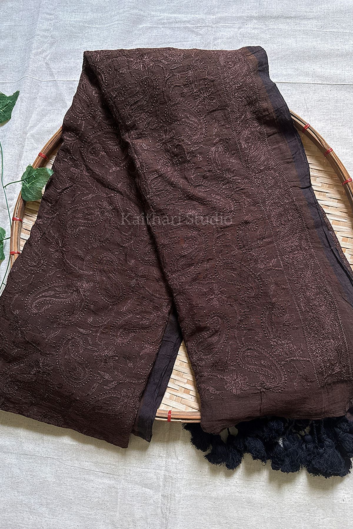 Chikankari Embroidery Mul Cotton Saree - Brown - KS098