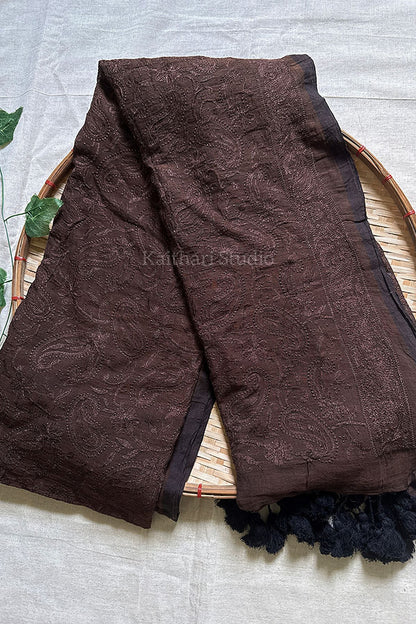 Chikankari Embroidery Mul Cotton Saree - Brown - KS098
