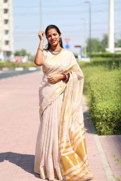 Linen Zari Tissue Saree - Cream/Off white - KS001