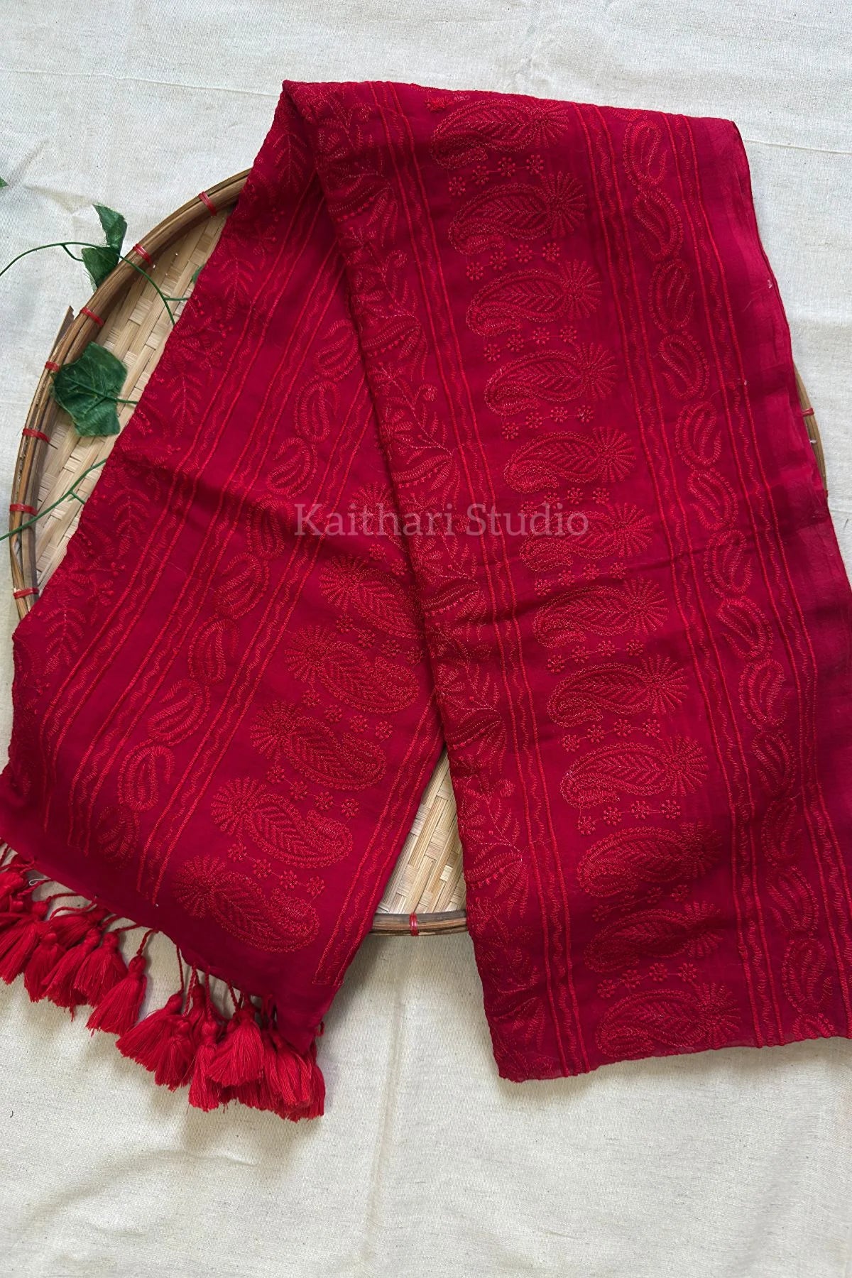 Chikankari Embroidery Mul Cotton Saree - Red -KS097