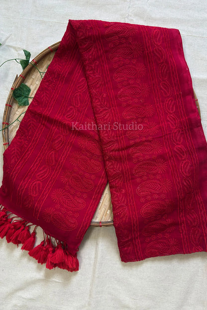 Chikankari Embroidery Mul Cotton Saree - Red -KS097
