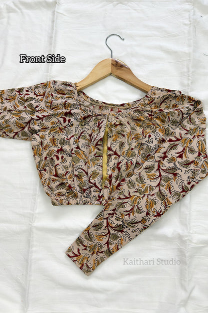 Kalamkari Handblock Printed Stretchable Readymade Blouse - Cream
