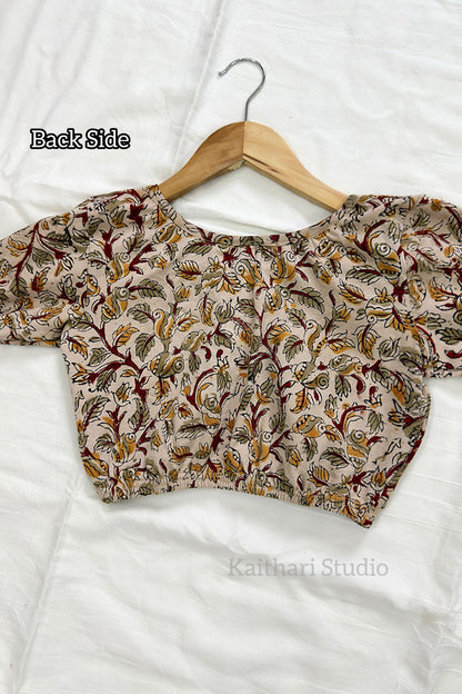 Kalamkari Handblock Printed Stretchable Readymade Blouse - Cream
