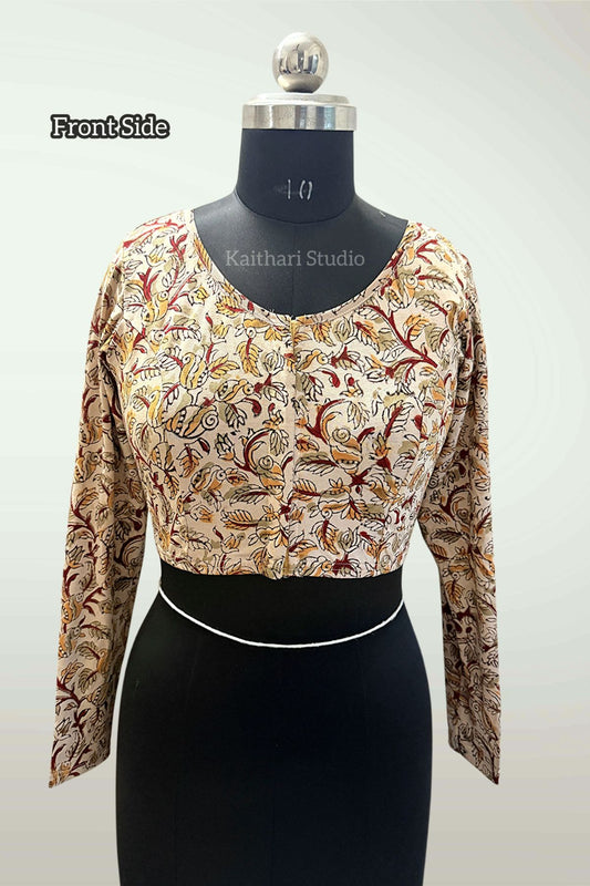 Kalamkari Handblock Printed Stretchable Readymade Blouse - Cream
