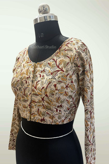 Kalamkari Handblock Printed Stretchable Readymade Blouse - Cream