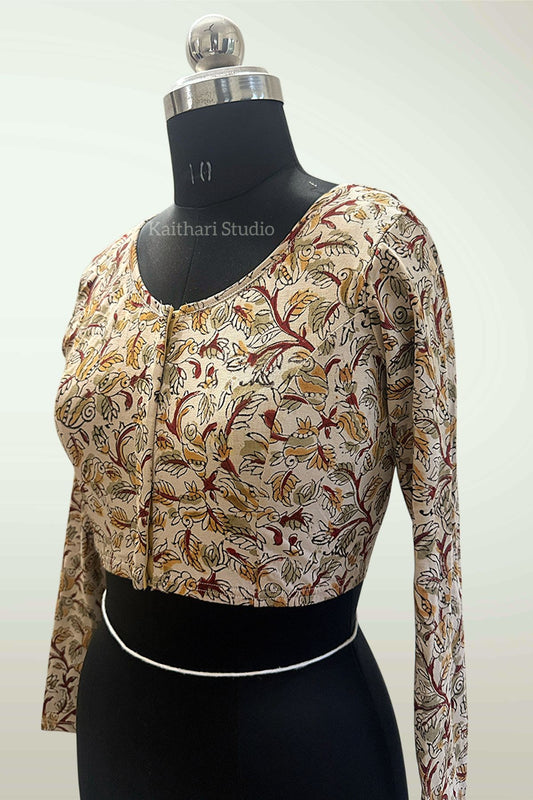 Kalamkari Handblock Printed Stretchable Readymade Blouse - Cream
