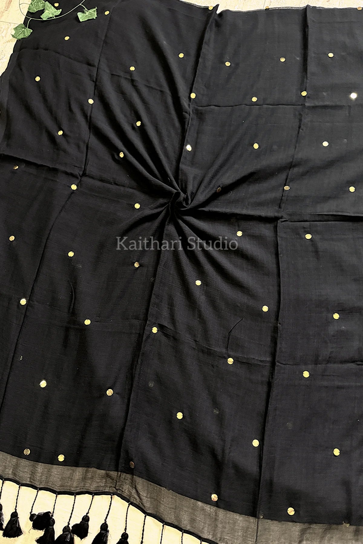 Rashmika Mandanna Inspired Saree Mul Cotton Sequins Saree – Black KS140