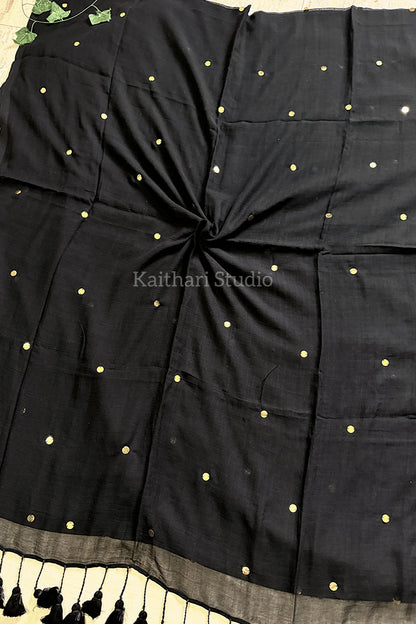 Rashmika Mandanna Inspired Saree Mul Cotton Sequins Saree – Black KS140