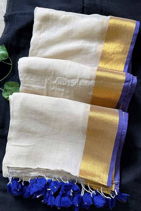 Onam Special Mul Cotton - Blue Border- KS047