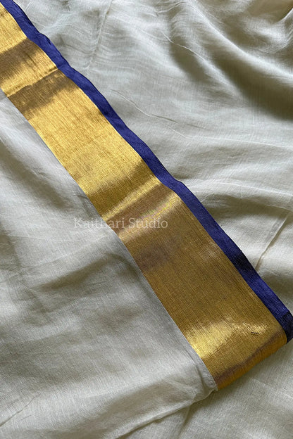 Onam Special Mul Cotton - Blue Border- KS047