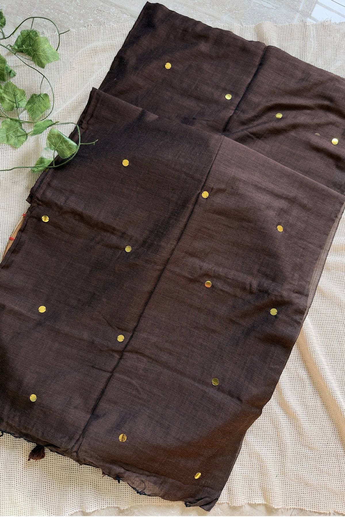 Soft Cotton Sarees with Sequins - Brown - KS035