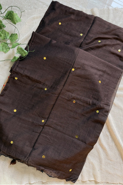 Soft Cotton Sarees with Sequins - Brown - KS035