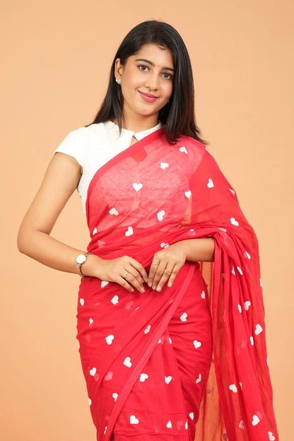 Heart Embroidery Mul Cotton Sarees - Red- KS044