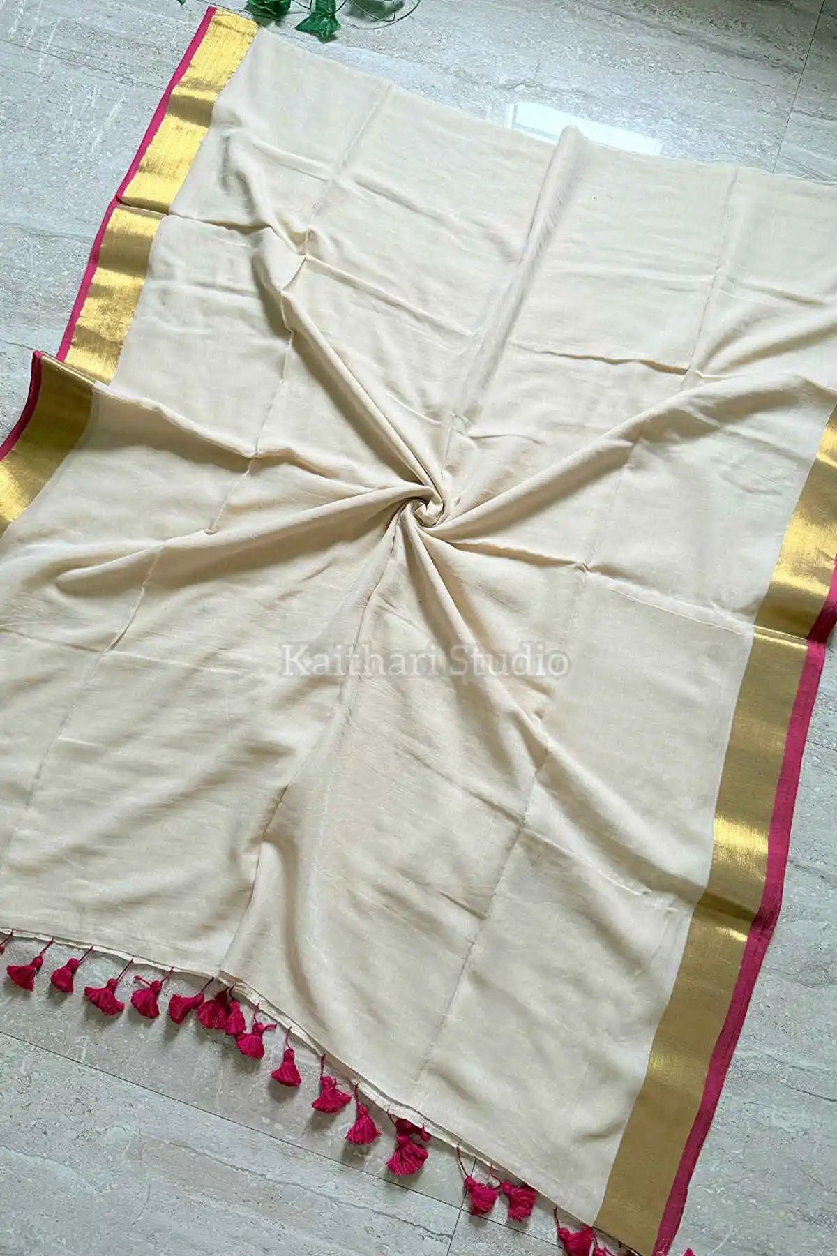 Onam Special Mul Cotton - Pink Border- KS064