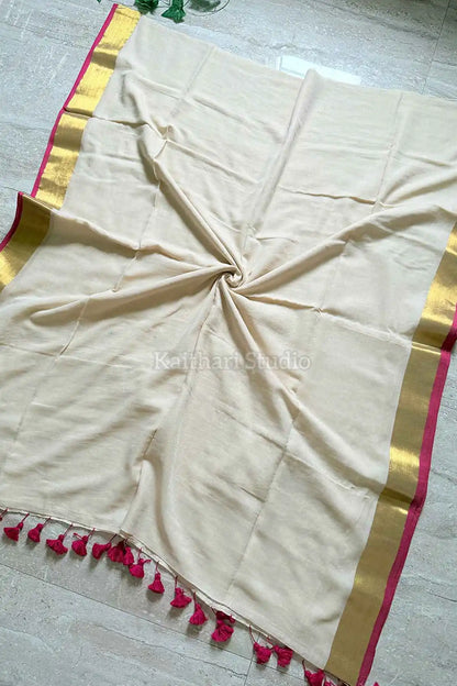 Onam Special Mul Cotton - Pink Border- KS064