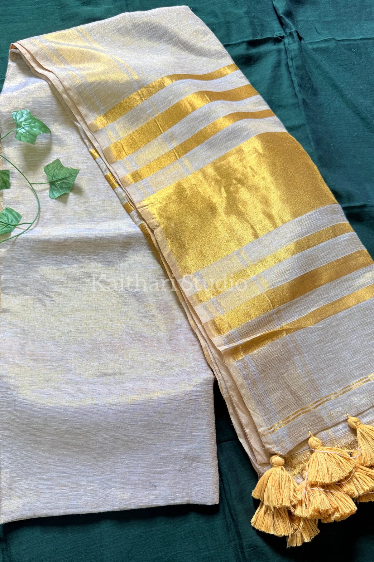 Linen Zari Tissue Saree - Cream/Off white - KS001
