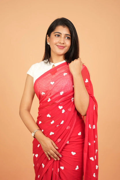Heart Embroidery Mul Cotton Sarees - Red- KS044