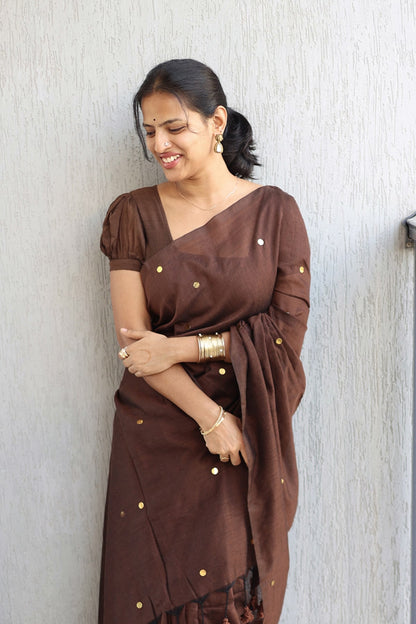 Soft Cotton Sarees with Sequins - Brown - KS035