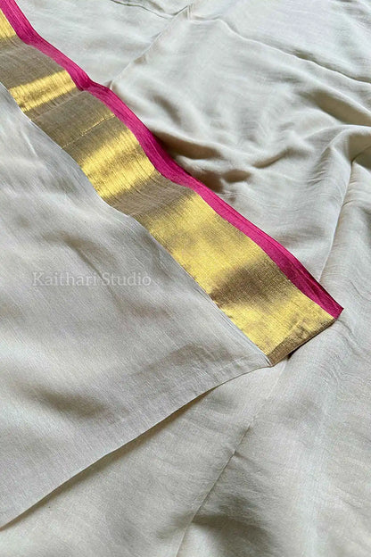 Onam Special Mul Cotton - Pink Border- KS064