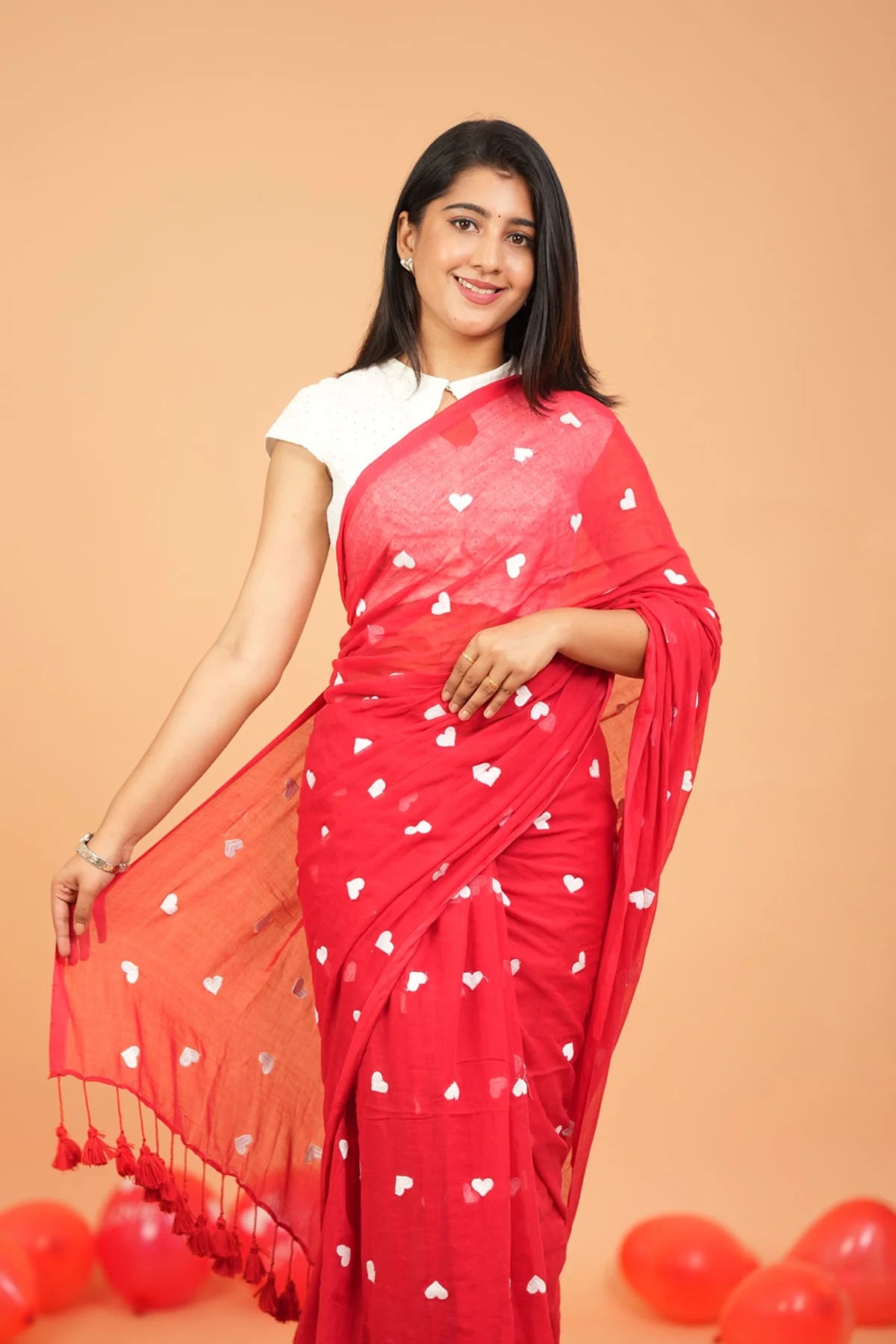 Heart Embroidery Mul Cotton Sarees - Red- KS044