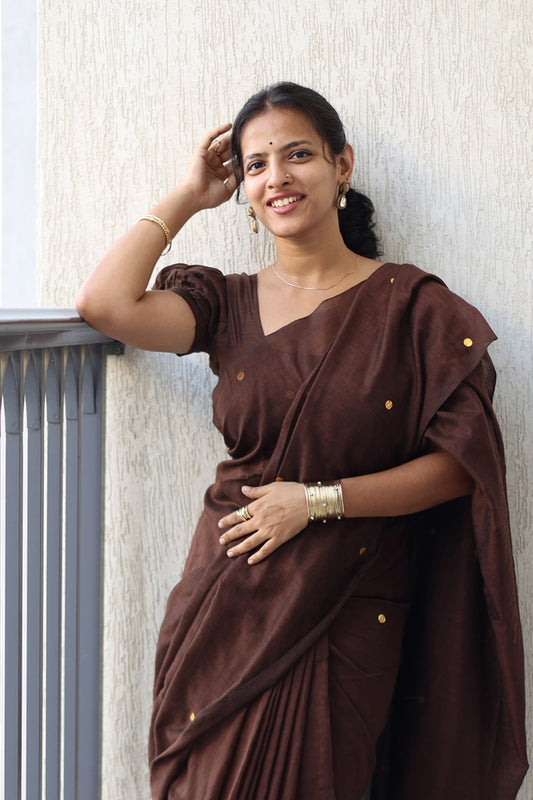Soft Cotton Sarees with Sequins - Brown - KS035