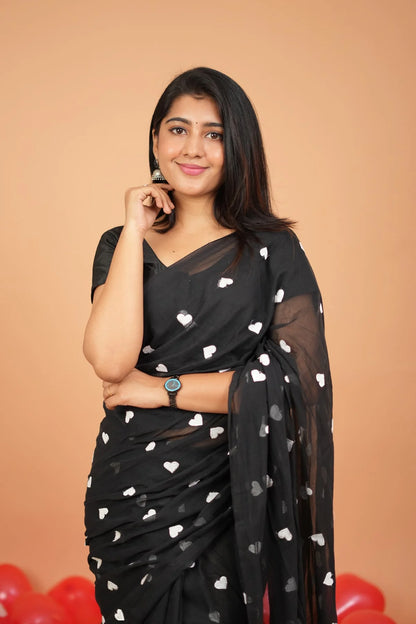 Heart Embroidery Mul Cotton Sarees - Black- KS045