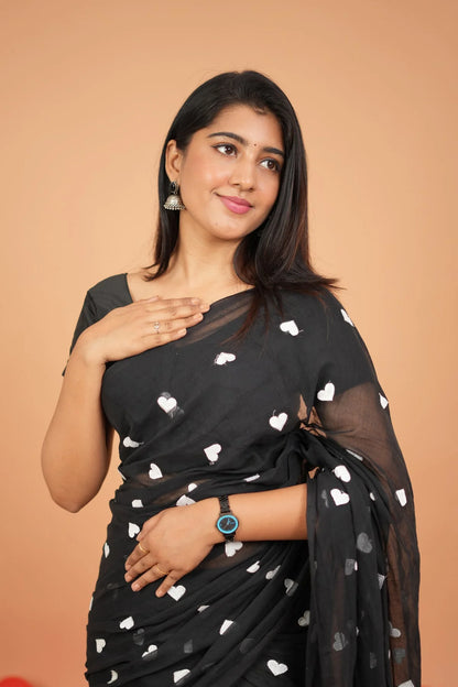Heart Embroidery Mul Cotton Sarees - Black- KS045